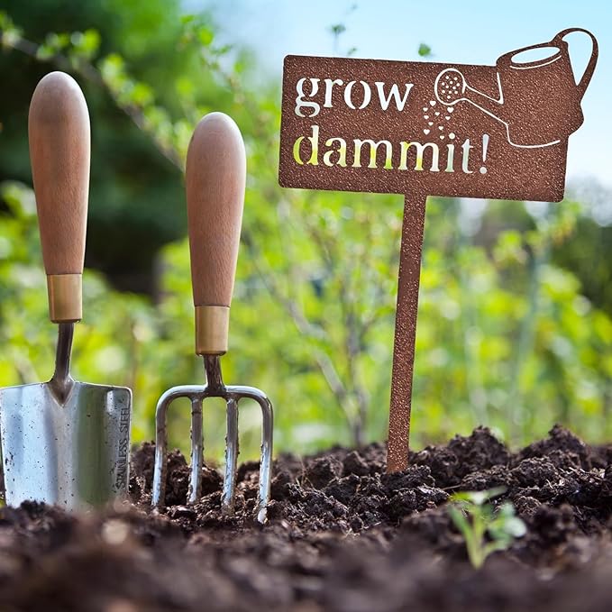 KRONLY Rustic Garden Sign Grow Dammit (17 x 8.66 inch) Rust Plug Weatherproof Garden Decor Outdoor Gardener Gifts for Women and Men