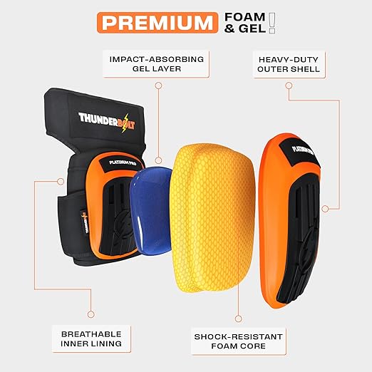Thunderbolt Knee Pads for Men Construction Knee Pads for Work for Men and Women with Double Gel for Gardening Flooring Roofing Heavy Duty with Extra Thick Foam and Strong Adjustable Non-Slip Straps