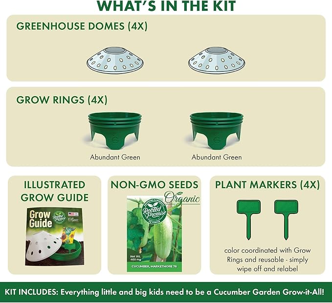 Kids Cucumber Garden Kit – Grow Your Own Cucumbers from Seeds with Greenhouse Germination Domes & Grow Rings, Non-GMO Seeds, BPA-Free | Gardening Gift for Kids & Families, Made in USA