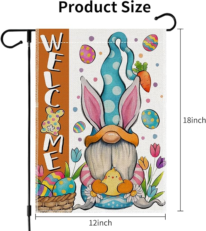 12x18 Inch Easter Garden Flag Double Sided, Bunny Gnomes Yard Flag for Outdoor Decoration