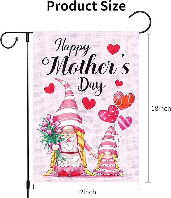 Mother's Day Garden Flag 12x18 Inch - Cute Gnome Mother & Daughter with Tulips & Hearts, Double-Sided Outdoor Decor for Patio Yard Mother's Day Gifts