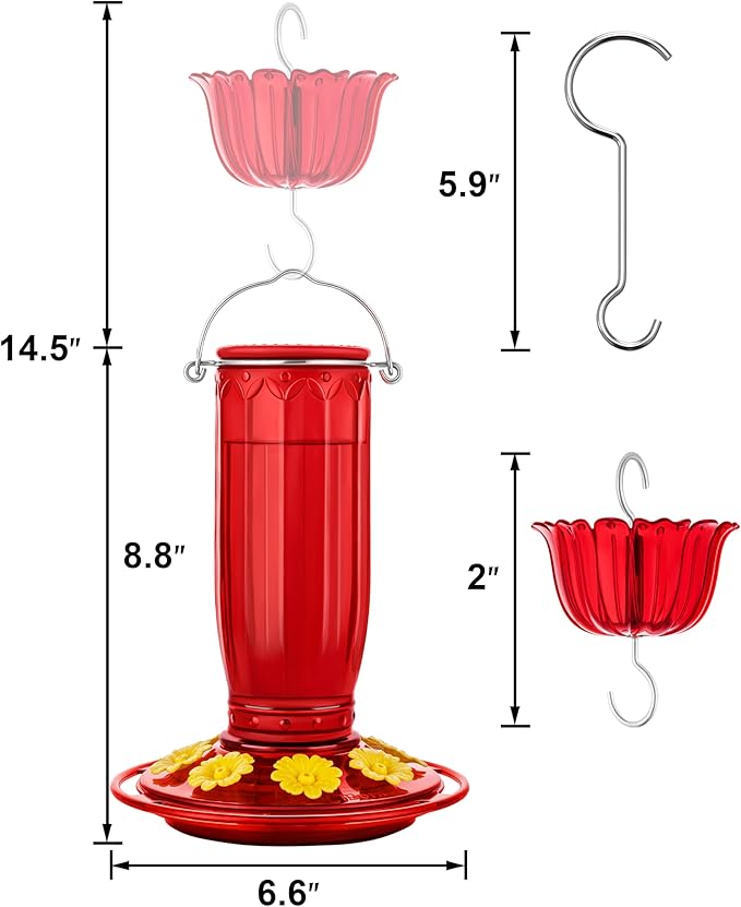 iBorn Hummingbird Feeders for Outdoors Hanging with Ant Moat for Hummingbird Feeder Glass 8 Ports for 16oz Humming Bird Nectar,Yellow Flowers Red Glass, Pack of 1