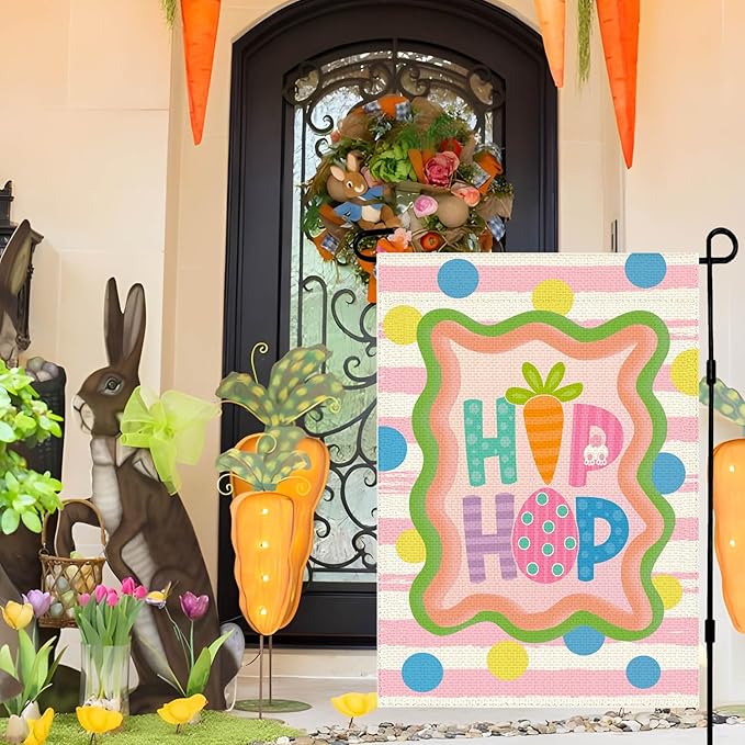 Easter Garden Flag Double Sided 12x18 inch, Hip Hop Bunny Decorative Yard Outdoor Home Small Decor, Stripes Polka Dots Farmhouse Burlap Outside House Decoration Spring Holiday Decor
