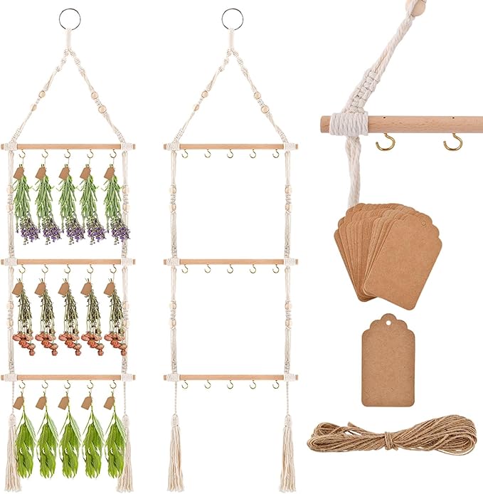 3-Tier Hanging Herb Drying Rack, Includes 25 Gift Tags & 32ft Natural Jute Twine, Handwoven Hanging Herb Dryer Rack Plant Hanger for Drying Herbs, Flowers, Sage(COLOR:Beige)