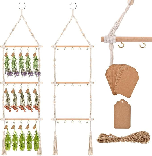 3-Tier Hanging Herb Drying Rack, Includes 25 Gift Tags & 32ft Natural Jute Twine, Handwoven Hanging Herb Dryer Rack Plant Hanger for Drying Herbs, Flowers, Sage(COLOR:Beige)