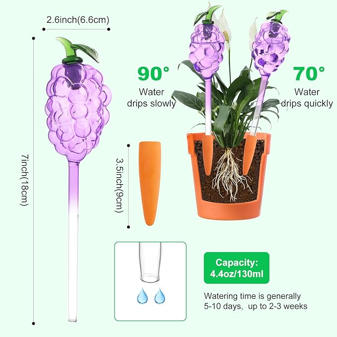 3-Pack Grape-Shaped Plant Watering Globes with Terracotta Stakes, Purple & Green Glass Self-Watering Planter Insert, Automatic Watering Bulbs for Indoor & Outdoor Plants, Refillable via Top Opening
