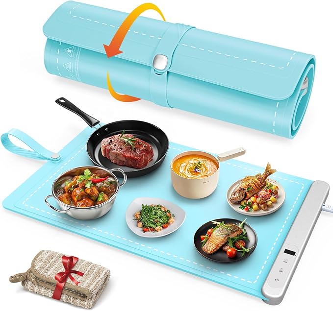 FYY Warming Mat for Food - Rapid and Full Surface Heating, 6 Temp Settings, 6H Timer, Rollable Portable Food Warming Mat, Ideal for Gatherings, Parties, Keep Meal Warm (X Large Size, Mint Green)