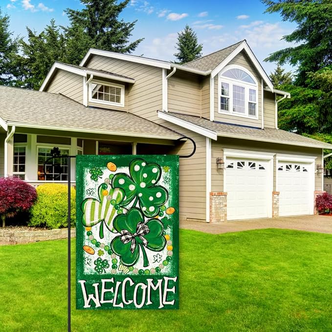 St Patricks Day Shamrock Garden Flag Double Sided, Stripes Polka Dot Trefoil Welcome Burlap Garden Flag for Outside Holiday Farmhouse Yard Decoration 12x18 Inch