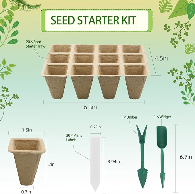 Seed Starter Tray,240 Cell Biodegradable Peat Pots Seed Starter Kit,Organic Germination Trays for Vegetable Flower Seedlings with 20 Plant Labels & 2 Garden Tools -20 Pack(Khaki)