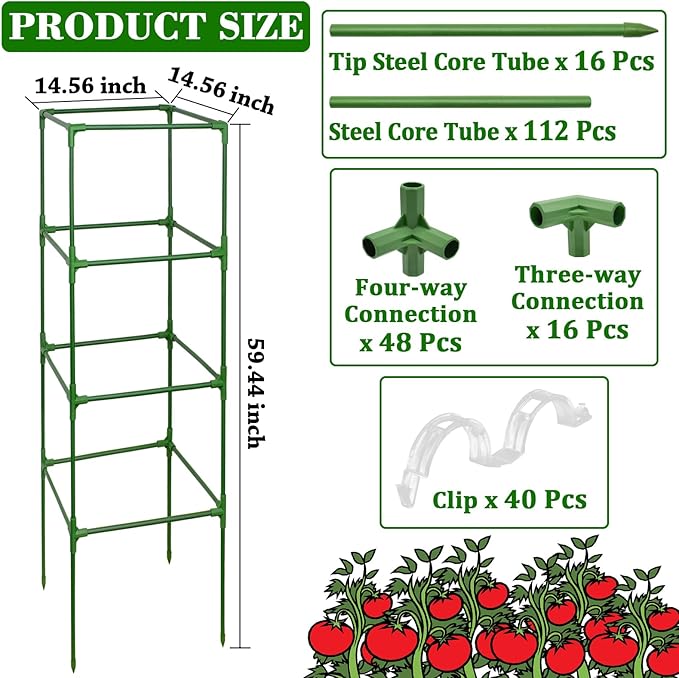 ZeeDix 4 Pack Tomato Cages for Garden 60 Inches, Heavy Duty Square Adjustable Tomato Trellis Cage Climbing Plant Support Trellis Plant Cages for Climbing Vegetables Flowers with 40Pcs Clips