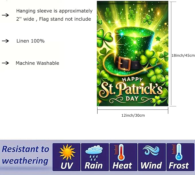 Happy St Patricks Day Garden Flag 12 x 18 inch Double Sided Outside Decorations,Spring Shamrock Green Hat Small Garden Flags For Outdoor Yard Lawn