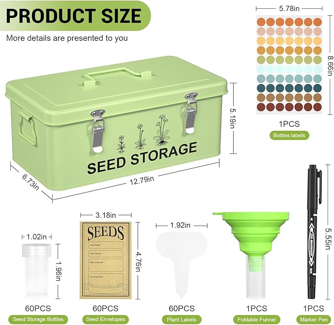 60 Slots Seed Organizer Seed Storage Seed Box 3 Compartments Seeds Organizer Storage Box Metal Garden Seeds Packet Container with Lid and Safety Locks for Flower Plants Garden