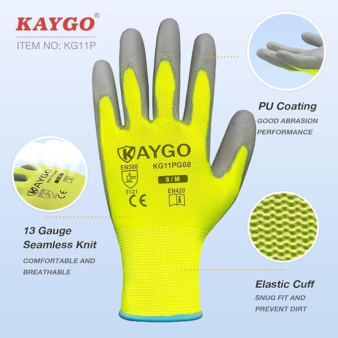 KAYGO Work Gloves for Men and Women,12 Pairs Seamless Knit PU Coated Safety Gloves, with Smooth Grip on Palm and Fingers, Ideal for Light Warehouse, Manufacturing, Gardening, KG11P (S,Green)