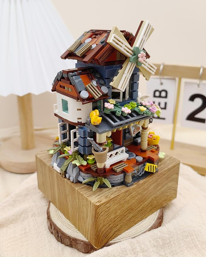 Music Box Building Blocks Set, Japanese Rustic Style Windmill House Toy Set, Mini Farm House MOC Creative Model, Gifts Idea for Kids Adults (Mini Blocks 799pcs)-1239