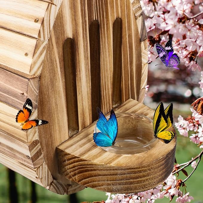 Picowe Butterfly House Wooden Habitat Natural Nesting Box Garden House with Feeder Hanging for Bee Butterfly Ladybirds for Garden Outside, Open Door