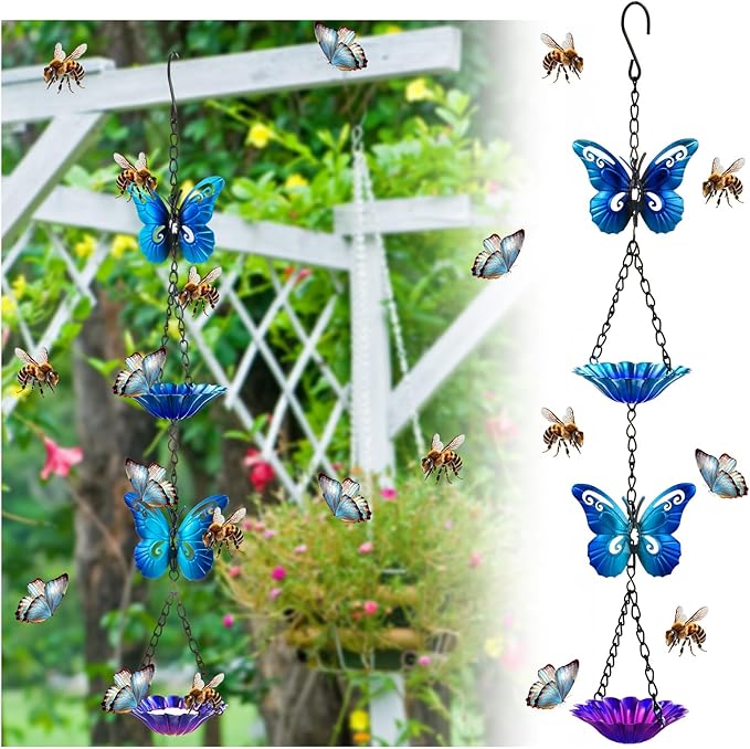 Tandefio Bee Watering Station for Garden Bee Butterfly Feeder Hanging Bath Bowl with Vivid Flower Design 15.75 x 2.56 Inch Colorful Metal Cups for Outdoor Yard Garden Decoration Gifts