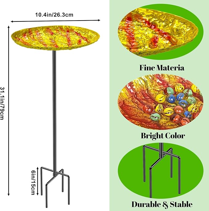 Bee Butterfly Water Station, MeyRolizn Metal Butterfly Puddler with Glass Marbles, Bee Bath Butterfly Feeders with 4 Prongs Base Stake for Outdoors Garden Yard Patio Decor(Ellipse)