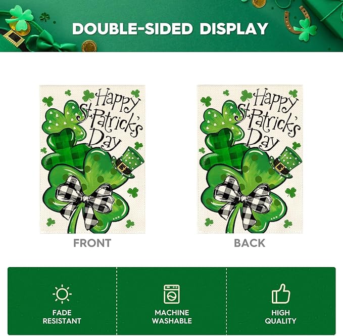 AVOIN colorlife Happy St Patricks Day Garden Flag 12x18 Inch Double Sided Outside, Lucky Shamrocks Clovers Holiday Yard Outdoor Flag