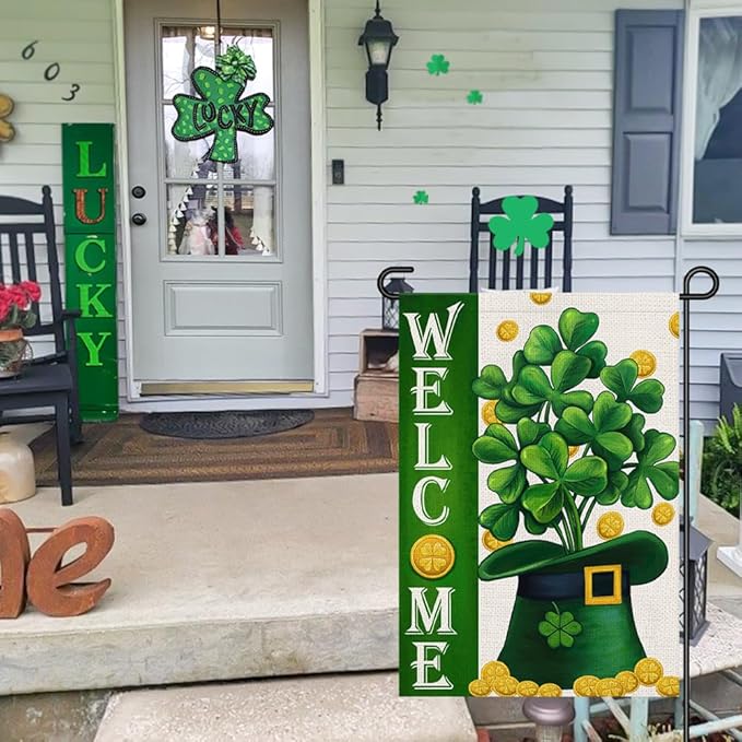 Welcome St Patricks Day Garden Flags Burlap 12x18 Double Sided, Green Hat Lucky Shamrocks Gold Coin Holiday Party Sign Small Flag Yard Outdoor Decor DF658