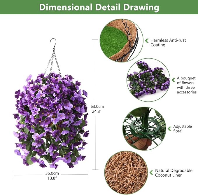INQCMY Artificial Fake Hanging Flowers Plants with Basket for Spring Summer Outdoor Decoration,Faux Silk Begonia in Planter UV Resistant Look Real for Home Porch Yard Patio Balcony Decor