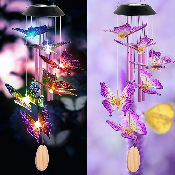 Butterfly Mom Gifts for Mothers Day Grandma Gift, Butterfly Solar Wind Chimes for Outside Solar Lights Outdoor Decor Hanging Mobile for Garden Patio Yard Porch Decoraion Birthday Gifts for Women