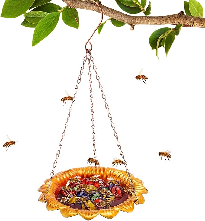 Bee Feeder with Vivid Sunflower Design - Anti-Rust Iron Bee Watering Station for Feeding, Colorful Butterfly Bath Bowl Cup with 15 Glass Marbles for Outdoor Yard Garden Decor Gifts (Gold)