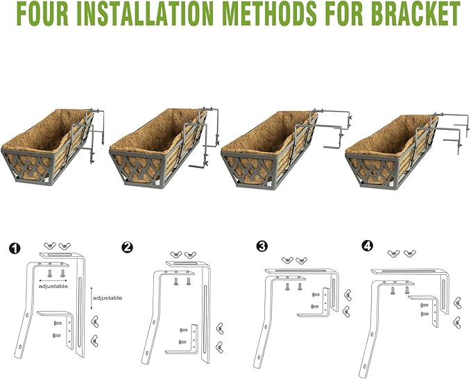 4 Pack 30 Inch Window Boxes Planters Railing Planter Box with Adjustable Brackets for Porch Fence Patio Balcony Hanging Flower Baskets with Coco Liners for Outdoor Garden Decor - Dark Grey