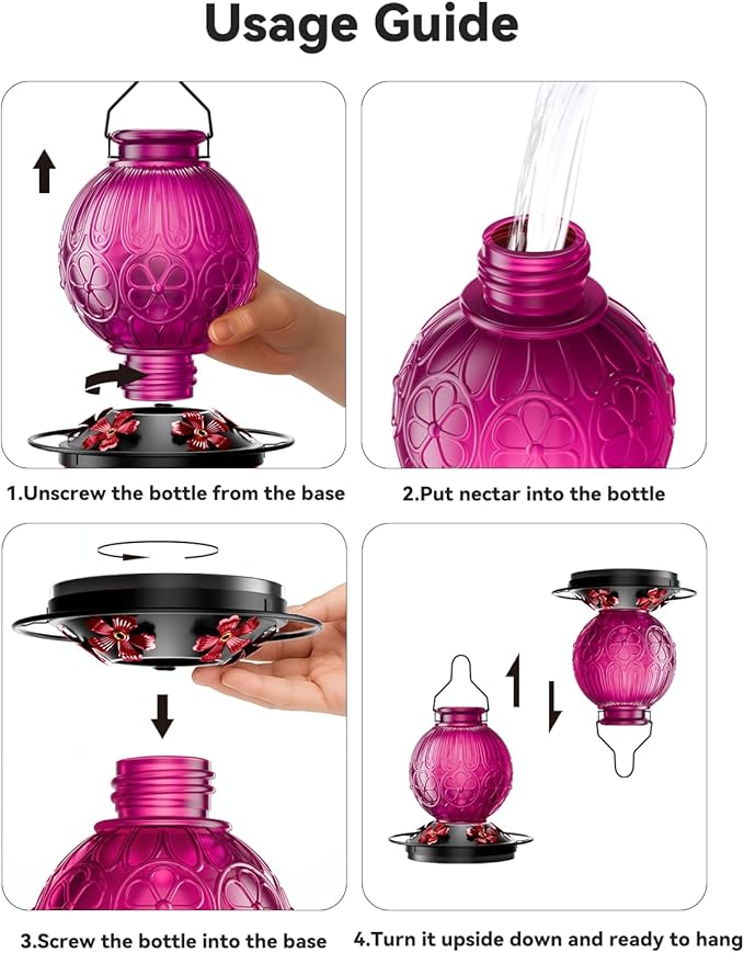 26Oz Hummingbird Feeder for Outdoors, Vintage Glass Bird Feeder with Perch, Durable & Easy to Clean, Hanging Nectar Feeder for Garden, Yard, Deck – Gifts for Women Mom (Violet)