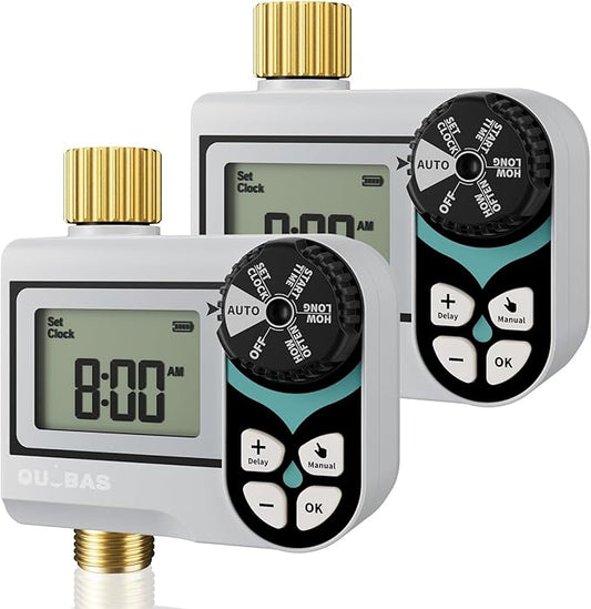 QUOBAS 2 Pack Low Pressure Water Timer, Programmable Sprinkler Timer with Brass Inlet & Outlet for Rain Barrel, Garden Hose, with Ball Valve & Waterproof Screen, Rain Delay/Manual/Auto Modes