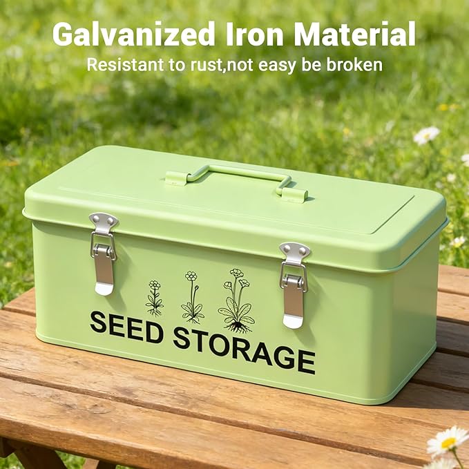 60 Slots Seed Organizer Seed Storage Seed Box 3 Compartments Seeds Organizer Storage Box Metal Garden Seeds Packet Container with Lid and Safety Locks for Flower Plants Garden