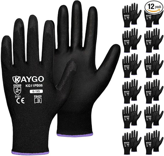KAYGO Work Gloves for Men and Women,12 Pairs Seamless Knit PU Coated Safety Gloves, with Smooth Grip on Palm and Fingers, Ideal for Light Warehouse, Manufacturing, Gardening, KG11P (XS, Black)