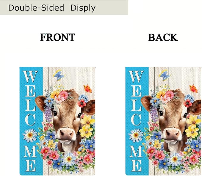 Spring Welcome Cow Garden Flag 12 x 18 inch Double Sided Outside decorations,Funny Cute Animal Small Garden Flags For Outdoor Yard Lawn