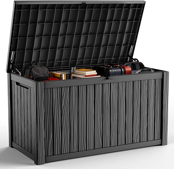 DRATO 200 Gallon Deck Box, Waterproof Resin Large Outdoor Storgae Box for Patio Furniture, Patio Cushions, Gardening Tools, Pool Supplies, Lockable（Black，200 Gallon）
