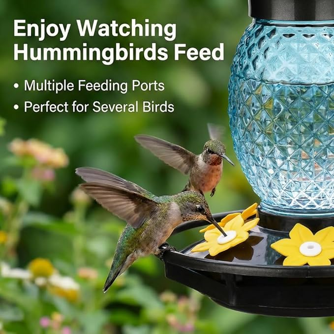 Glass Hummingbird Feeders for Outdoors Hanging Ant and Bee Proof 16OZ 2 Pack Blue Pineapple Humming Bird Feeder with 6 Feeding Ports and Ant Moat Hummingbird Gifts for Women Garden Decor