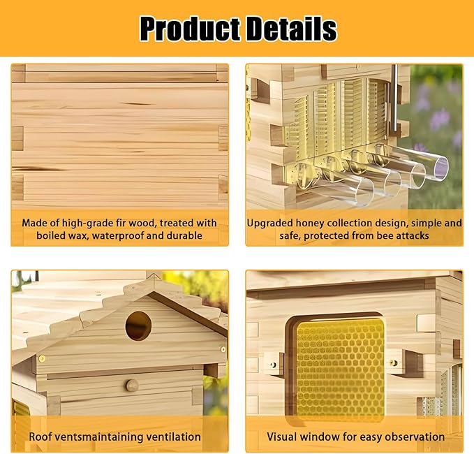 Beehive Starter Kit,Self-Flowing Honey Beehive with Observation Window and Honey Spout, Includes Carpenter Bee House,Self-Flowing Honey Hive,for Garden Pollinators