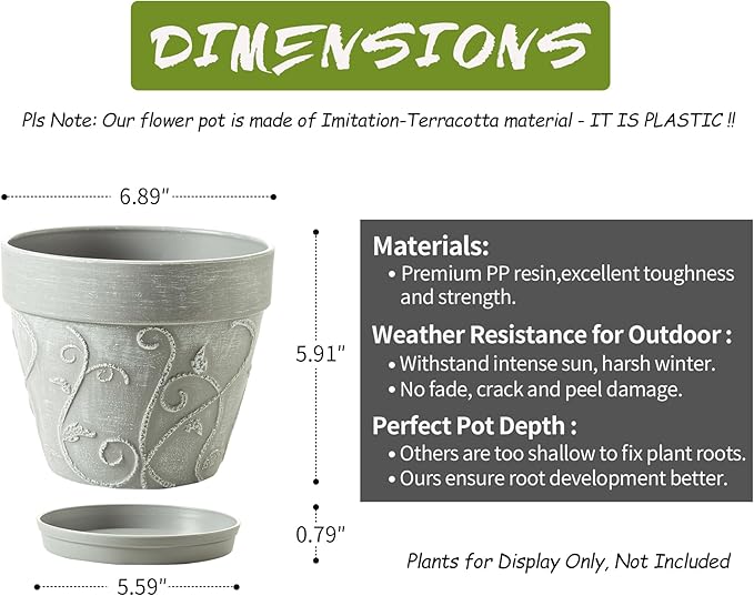 Melphoe Plant Pots Indoor with Drainage & Saucer, 2Pack 7 inch Flower Pots Outdoor Planters for Indoor Plants Garden Home Decor Cactus Succulent, Rigid Plastic (Imitation-Terracotta) Vine-Embossed