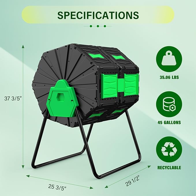 Dual Chamber Compost Tumbler, 45 Gallon Large Capacity 360° Rotating Composting Bin, BPA-Free Heavy Duty Composter with Easy Assembly, 38" Height Compost Bin Outdoor for Food Scraps Garden Yard Waste