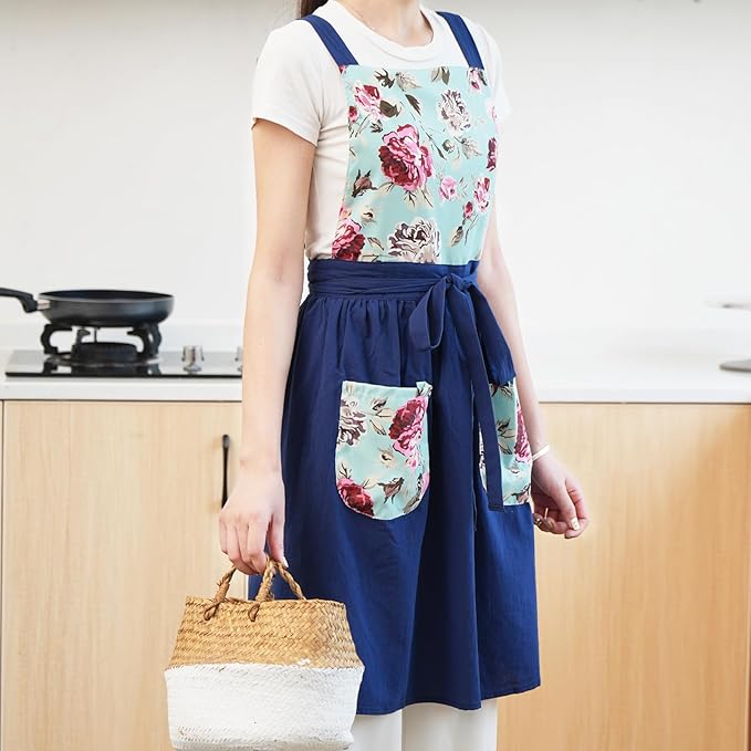 Vintage Pinafore Apron Dress for Women with Pockets Cute Floral Chef Aprons for Kitchen Cooking Baking Gardening