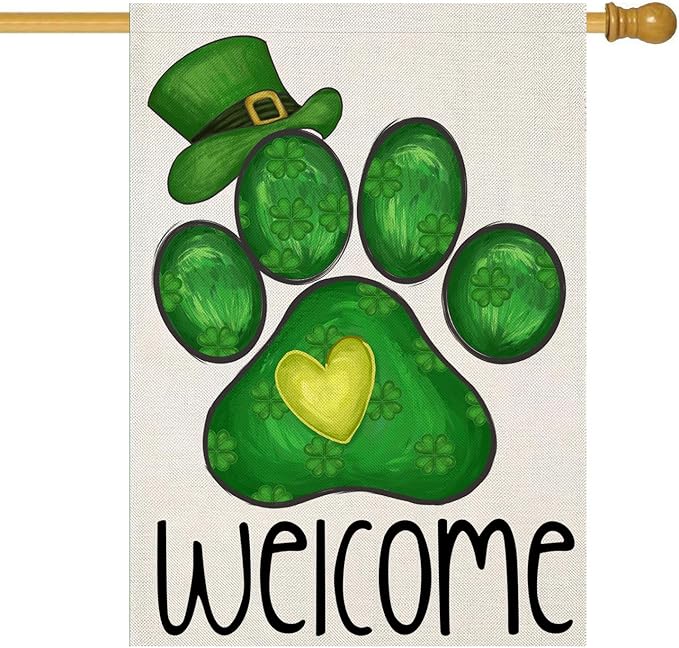 Welcome St Patricks Day House Flags for Outdoor Decoration, Dog Paw with Green Hat Lucky Shamrocks Large Yard Flag, Decorative Irish Celebration Decor for Seasonal Farmhouse Holiday Outside