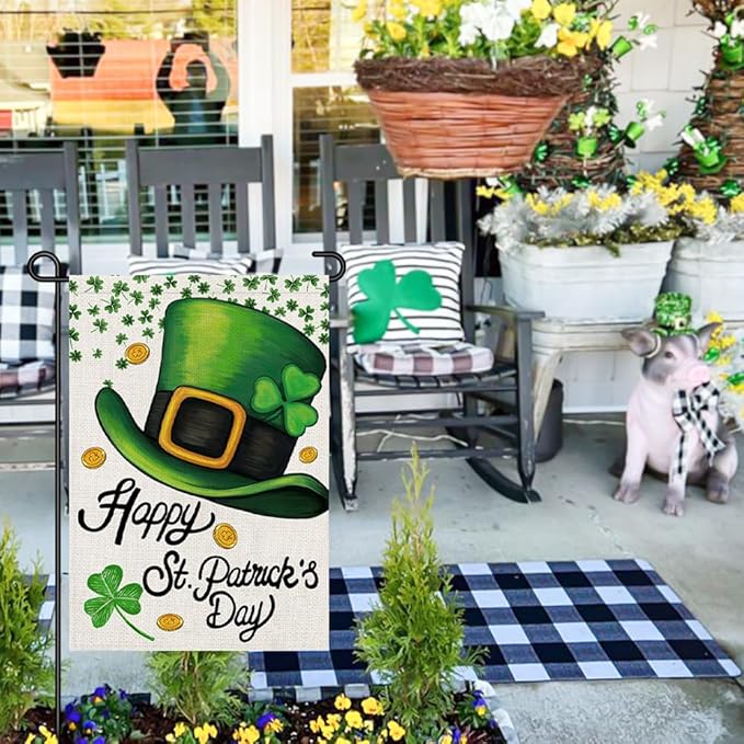 Happy St Patricks Day Garden Flag Burlap 12x18 Double Sided, Green Hat Shamrocks Lucky Clover Holiday Party Sign Small Flags Yard Outdoor Decorations DF660