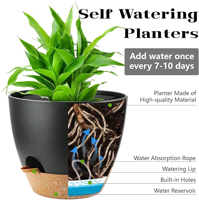 5-Pack Plant Pots with Drainage for Winter Care 7/6.5/6/5.5/5 Inch, Self Watering Pots for Indoor Plants, Planters for Indoor Outdoor Plants, Plastic Flower Pot, Planter for Indoor Outdoor (Black)