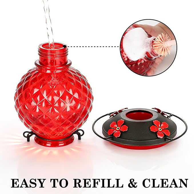 Glass Hummingbird Feeder for Outdoors Hanging, 2 Pack 25 OZ Humming Bird Nectar Feeder with 4 Bee Guard Feeding Ports & Built-in Ant Moat, Bird Feeder for Outside, Gifts for Women Mom, Red