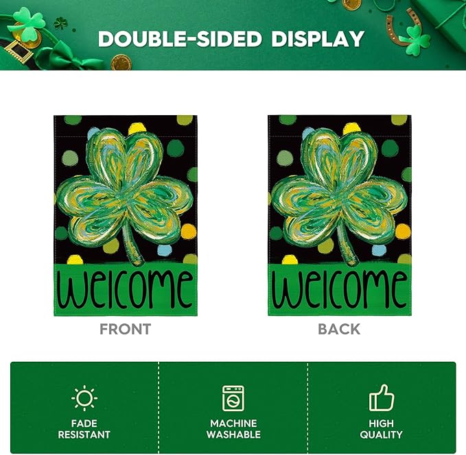 AVOIN colorlife St Patricks Day Garden Flag 12x18 Inch Double Sided Outside, Shamrock Clover Polka Dots Welcome Holiday Yard Outdoor Flag