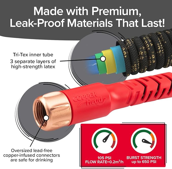 Pocket Hose Copper Head w/New Pocket Pivot Expandable Garden Hose 150FT, AS SEEN ON TV, Swivels 360°, Advanced Tri-Tex Tubing & Force Field Jacket, 3X Stronger, Lead-Free, No-Kink, Anti-Burst w/APT