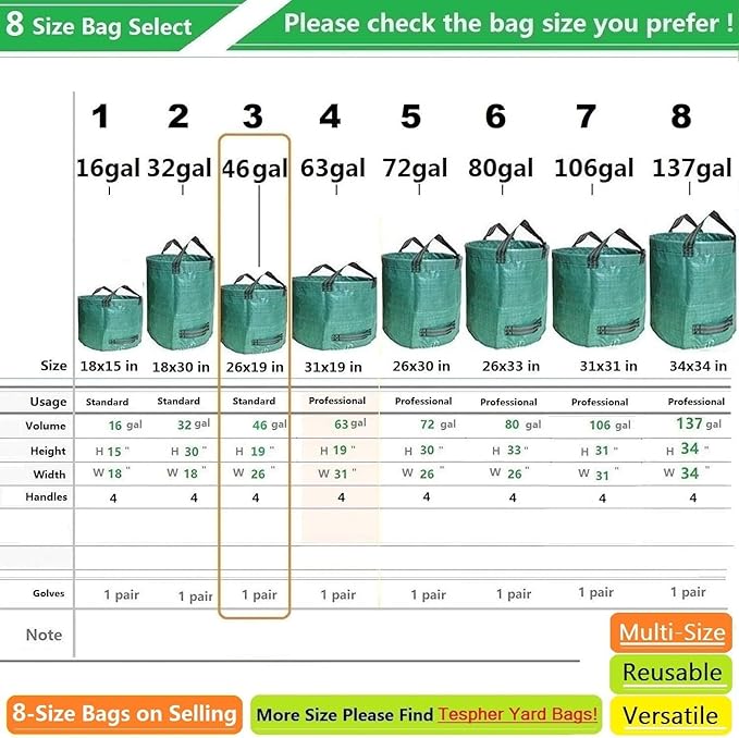 Standard 3-Pack 46 Gallon Lawn Garden Bags (D26,H19 inch) Yard Waste Bags W/Gardening Gloves for Leaf Bag,Yard Debris,Garden Trash Container,Camping Waste Bin,Lawn Grass Clippings,Weeds Bag 4 Handles