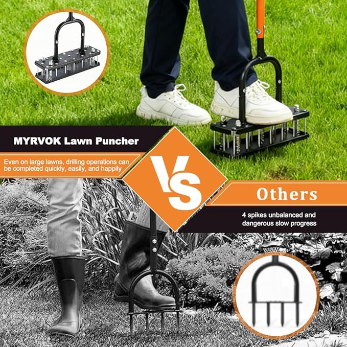 Lawn Aerator Tool – Grass & Yard Aerator, 4 Adjustable Height Settings, Metal Construction with Ergonomic Handle and Spring-Assisted Design for Effortless Yard Care.
