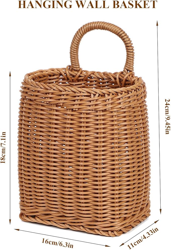 Hanging Wall Basket Plastic Woven Front Door Basket, Decorative Door Baskets for Flowers Plants, Hanging Wicker Basket for Kitchenware Farmhouse