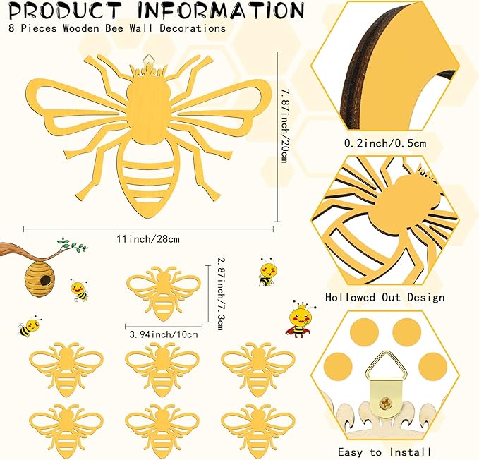 Yookeer 8 Pieces Wooden Bee Decor Wall Art Farmhouse Queen Bee Wall Sculpture Hanging Sign for Indoor Outdoor Garden Yard Lawn Decoration Spring Party Supplies(Gold)