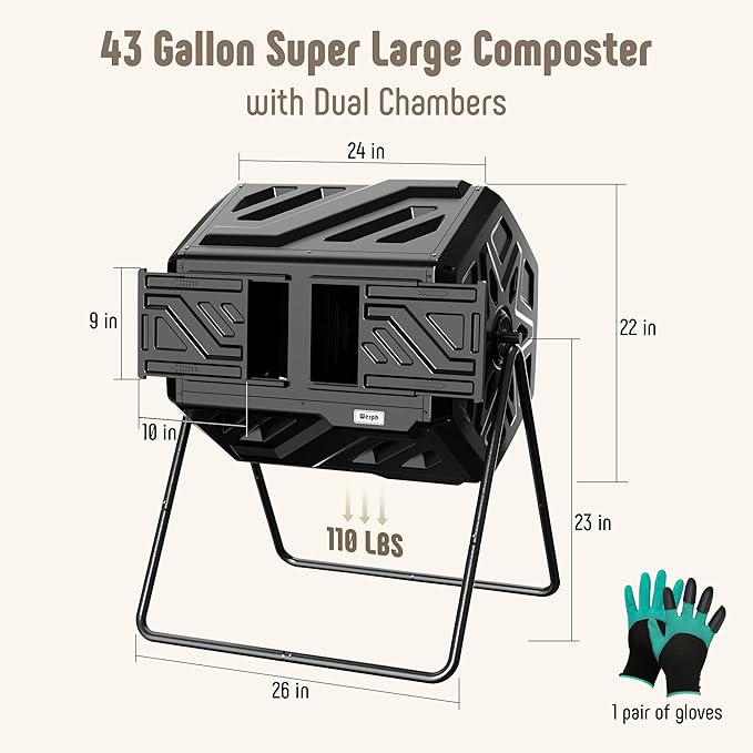 43 Gallon Compost Bin with Gloves, Fast Assembly & Easy Setup Outdoor Compost Tumbler, Updated Dual Chamber Tumbling Composter for Garden, Kitchen, and Yard Waste, Black