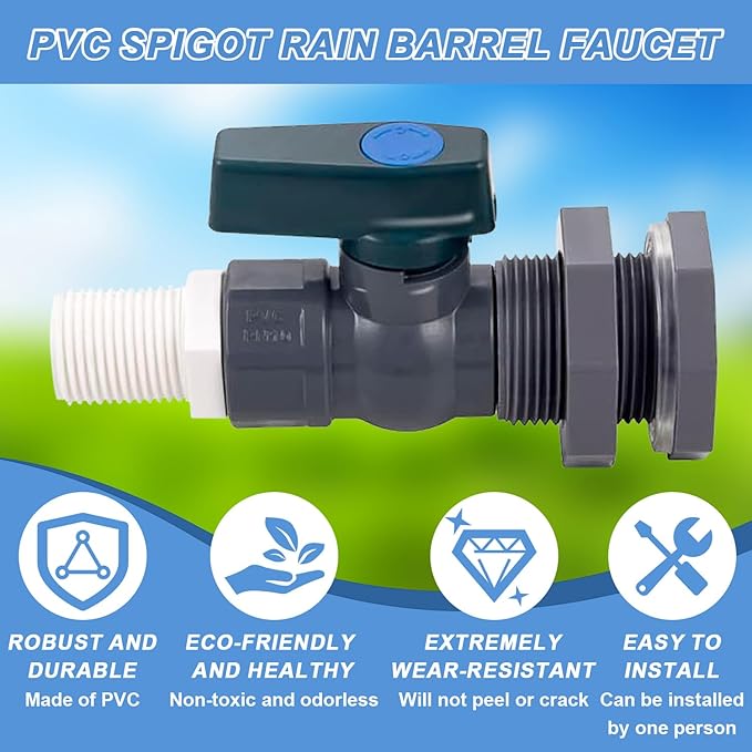 Enoch's Land PVC Rain Barrel Spigot Kit,3/4" Rain Barrel Valve with Bulkhead Fitting and Garden Hose Adapter,Garden Faucet Kit for Water Tanks, Aquariums, Tubs, Pools, Garden Barrels
